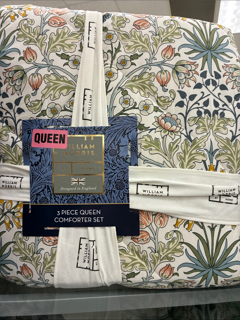Queen Comforter Set - Floral Cream & Green